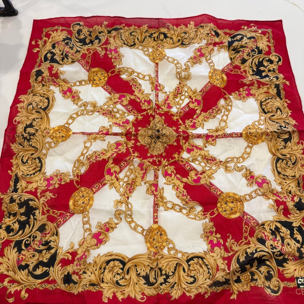 Vintage Celine Paris 100% Silk Scarf 19" Red Gold Baroque Chain Neckerchief